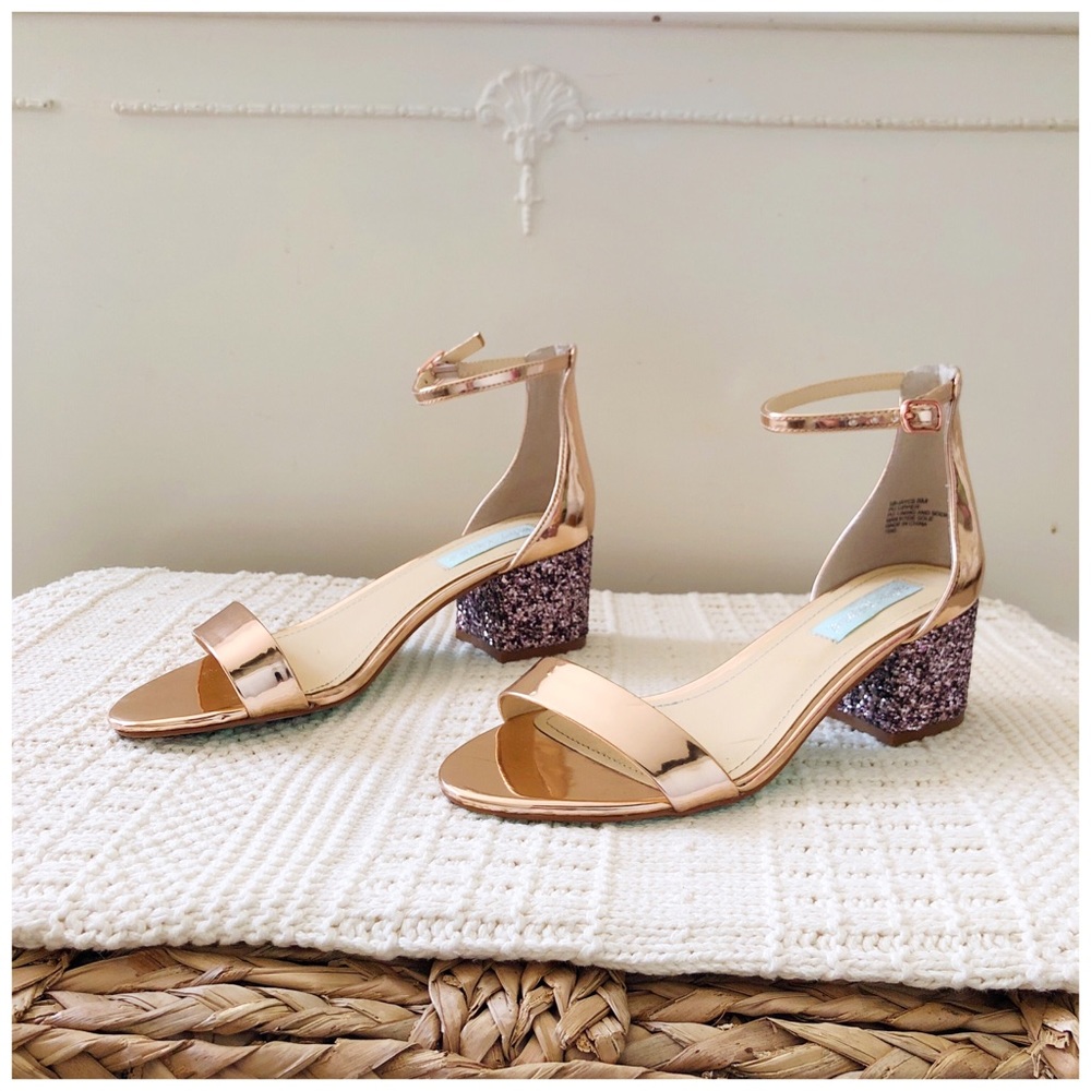 Metallic Rose Gold Block Heel Ankle-Strap Sandals